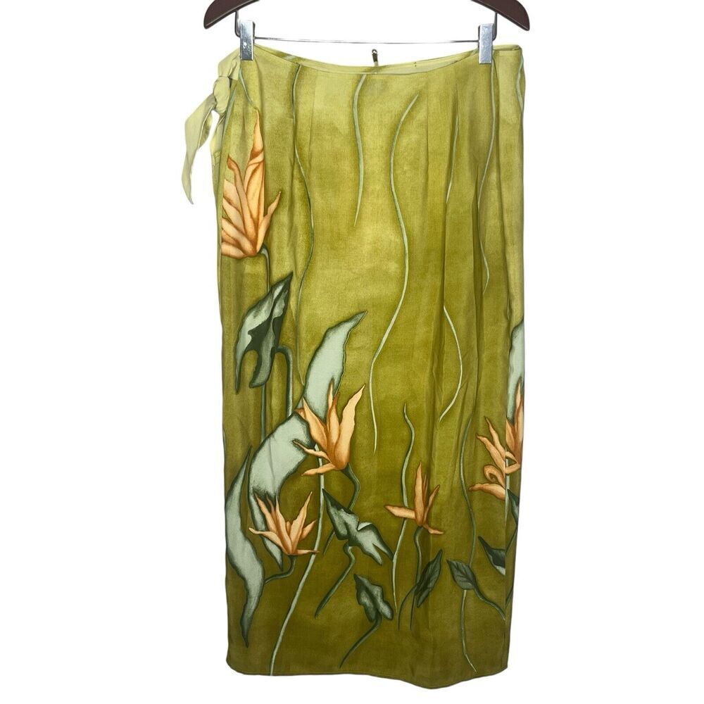 Taiga Paris Vintage Women's Size 12 Midi Tulip Wrap Skirt Side Tie Olive Floral - Picture 6 of 11